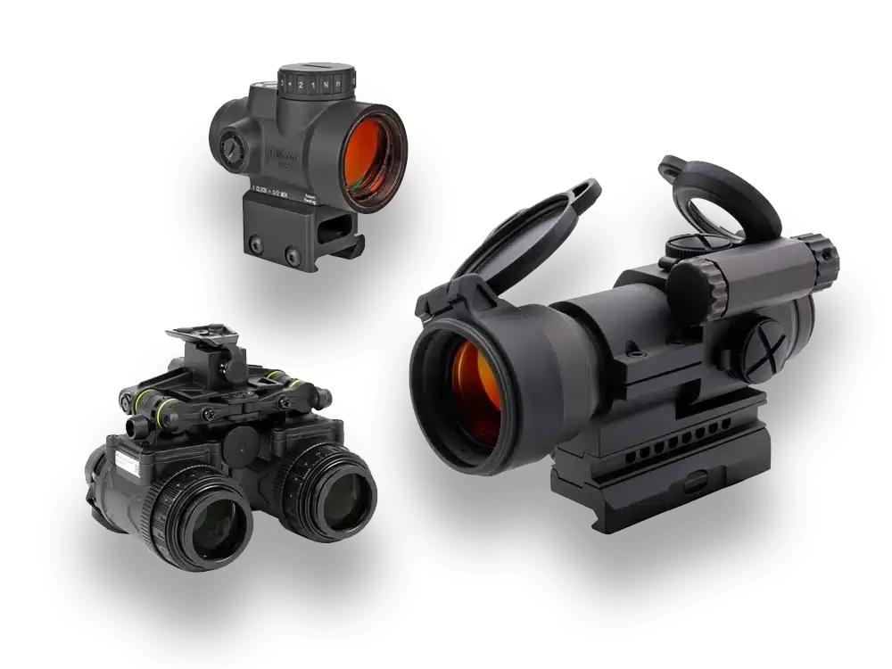 A group of black objects with orange lenses