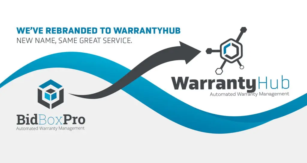 Bid box pro is now warrantyhub 1 A blue and black logo