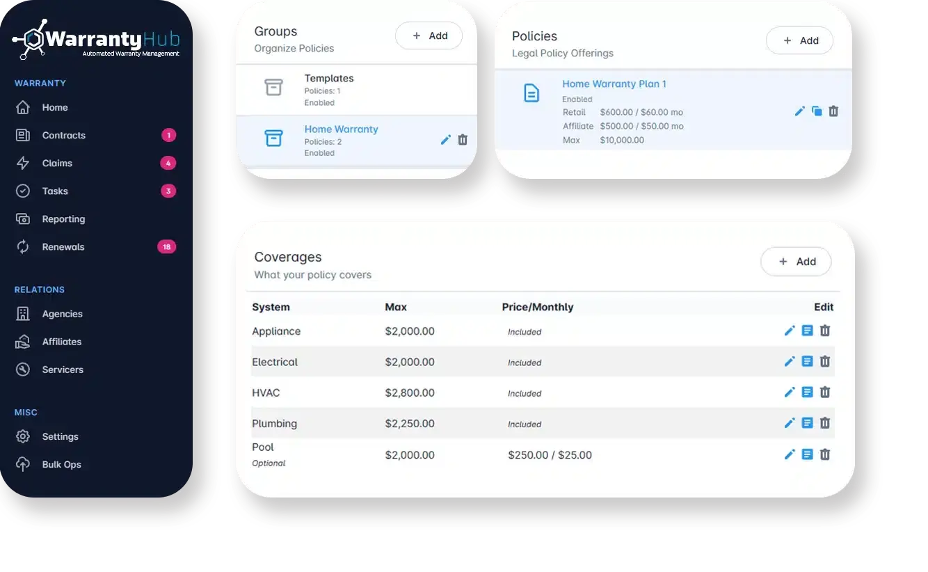 Home warranty management 8 Screens screenshot of a phone